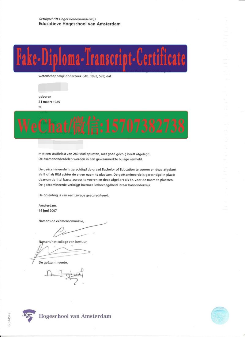 Fake Hogeschool van Amsterdam Diploma Transcript